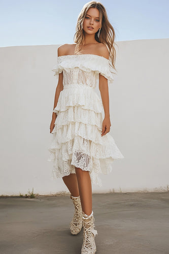 White Lace Knee-Length A Line Boho Graduation Dress with Ruffles