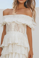 Load image into Gallery viewer, White Lace Knee-Length A Line Boho Graduation Dress with Ruffles