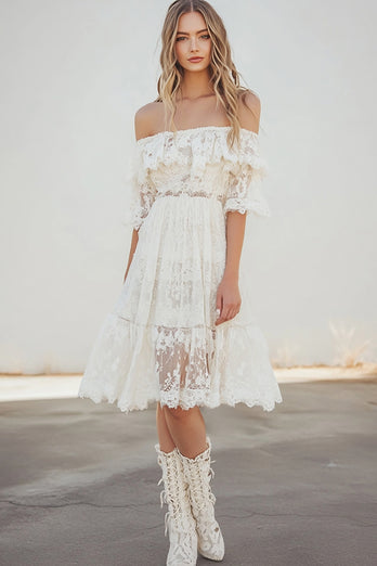 White Knee-Length A Line Boho Graduation Dress with Flare Sleeves