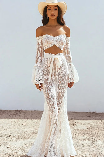 Two Piece White Lace Boho Maxi Dress with Sash