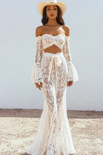 Two Piece White Lace Boho Maxi Dress with Sash