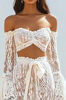 Load image into Gallery viewer, Two Piece White Lace Boho Maxi Dress with Sash