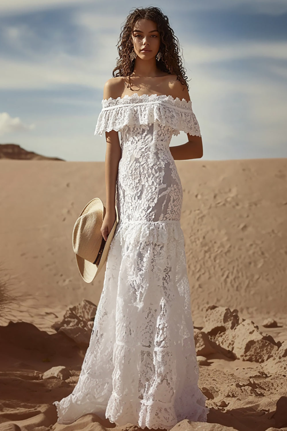 White Lace Sheath Off The Shoulder Boho Maxi Dress with Ruffles
