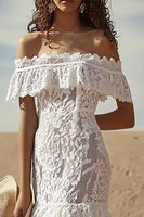 Load image into Gallery viewer, White Lace Sheath Off The Shoulder Boho Maxi Dress with Ruffles