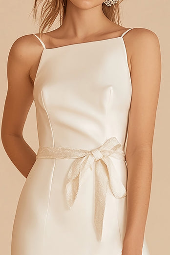 Ivory Satin Spaghetti Straps Short Graduation Dress with Sash