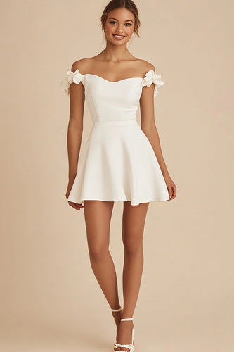 White Satin Short A Line Graduation Dress with Ruffles