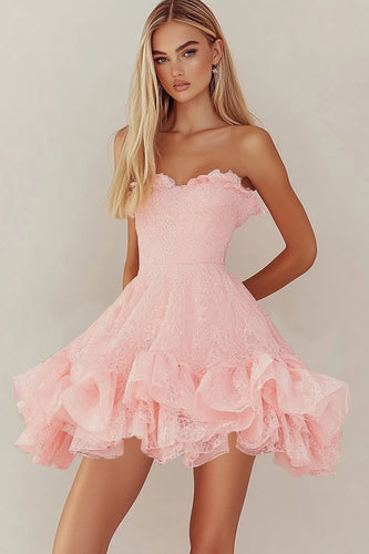 Pink Lace Short Graduation Dress with Ruffles