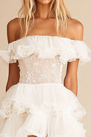 Load image into Gallery viewer, White Organza Short A Line Graduation Dress with Lace