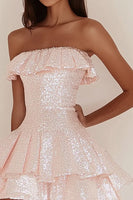 Load image into Gallery viewer, Pink Sequins Strapless Short A Line Graduation Dress