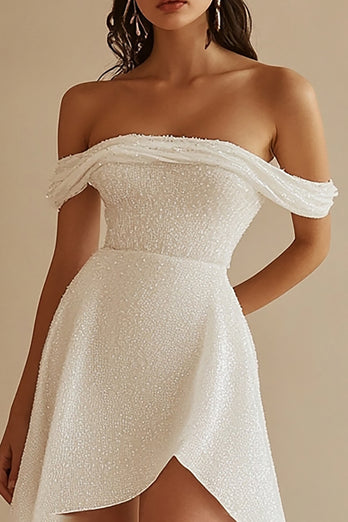 White Sequins Off The Shoulder Short A Line Graduation Dress