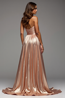 Load image into Gallery viewer, Champagne Metallic A Line Pleated Long Prom Dress with Slit