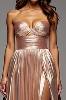 Load image into Gallery viewer, Champagne Metallic A Line Pleated Long Prom Dress with Slit