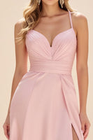 Load image into Gallery viewer, Pink A Line Spaghetti Straps Ruched Long Prom Dress with Slit