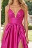 Load image into Gallery viewer, Fuchsia A Line Spaghetti Straps Satin Long Prom Dress with Slit