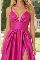 Load image into Gallery viewer, Fuchsia A Line Spaghetti Straps Satin Long Prom Dress with Slit
