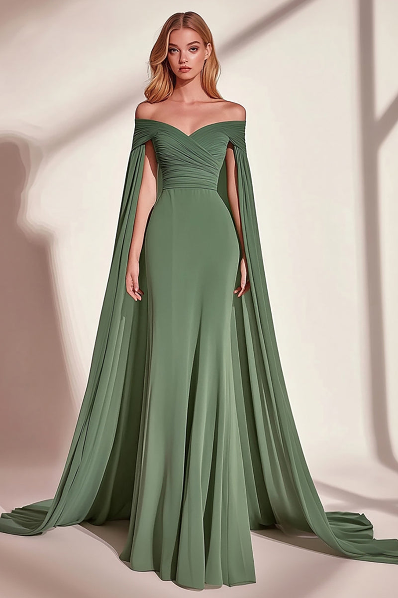 Load image into Gallery viewer, Eucalyptus Sheath Off the Shoulder Pleated Long Prom Dress with Cape
