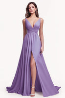 Load image into Gallery viewer, Lilac Ruched Chiffon A Line Long Prom Dress with Slit