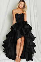 Load image into Gallery viewer, Black Sweetheart Ruched Asymmetrical Long Prom Dress with Ruffles