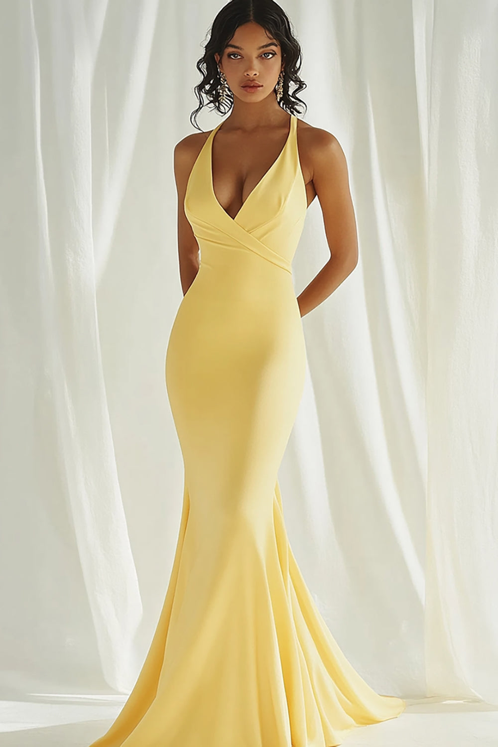 Daffodil Satin Mermaid V Neck Long Prom Dress
