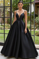 Load image into Gallery viewer, Black Satin Spaghetti Straps Ball Gown Long Prom Dress