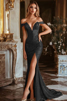 Load image into Gallery viewer, Sparkly Gold Sequin Off the Shoulder Mermaid Long Prom Dress with Slit