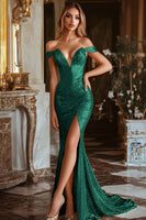 Load image into Gallery viewer, Sparkly Gold Sequin Off the Shoulder Mermaid Long Prom Dress with Slit