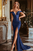 Load image into Gallery viewer, Sparkly Gold Sequin Off the Shoulder Mermaid Long Prom Dress with Slit