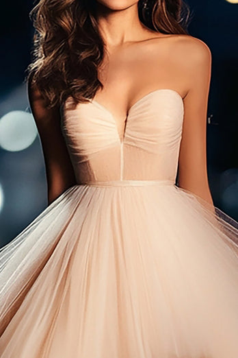 Champagne Tulle Sweetheart Ball Gown Long Prom Dress with Slit