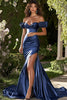 Load image into Gallery viewer, Navy Satin Mermaid Off the Shoulder Long Prom Dress with Slit