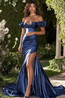 Load image into Gallery viewer, Navy Satin Mermaid Off the Shoulder Long Prom Dress with Slit