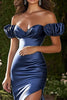 Load image into Gallery viewer, Navy Satin Mermaid Off the Shoulder Long Prom Dress with Slit