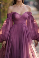 Load image into Gallery viewer, Plum A Line Chiffon Off the Shoulder Long Sleeves Prom Dress
