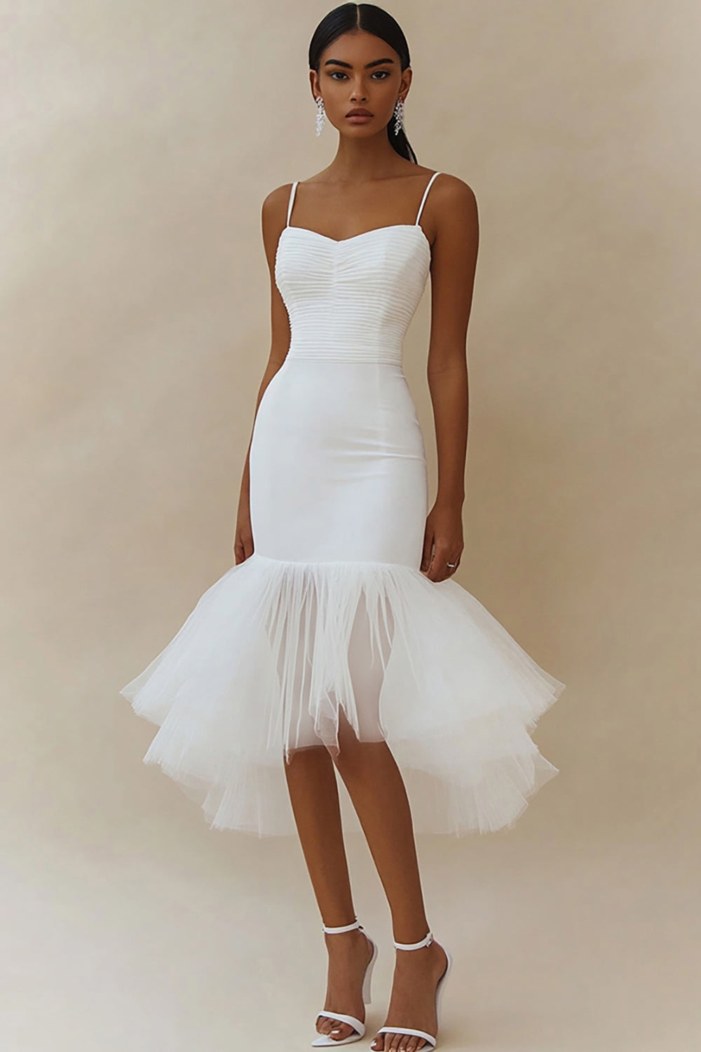 White Satin Spaghetti Straps High-Low Engagement Dress Dress with Ruffles