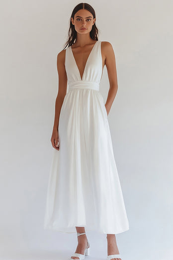 White Chiffon V-Neck Long Engagement Dress