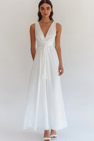 Load image into Gallery viewer, White Chiffon V-Neck Long Engagement Dress with Sash