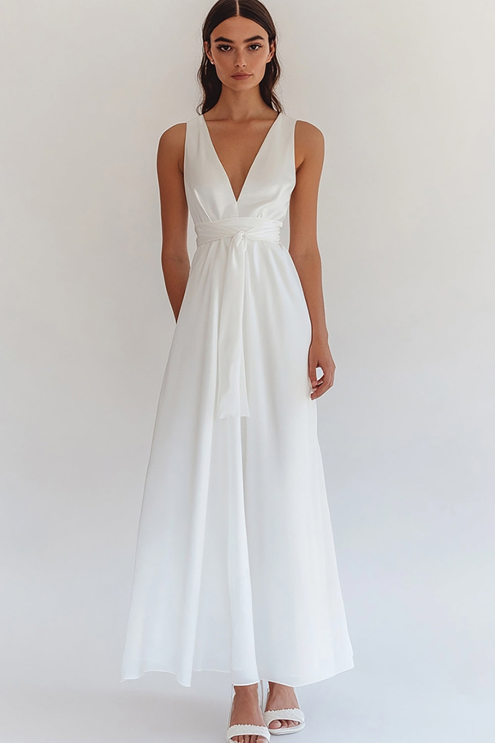White Chiffon V-Neck Long Engagement Dress with Sash