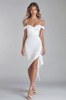 Load image into Gallery viewer, White Satin Cold Shoulder Asymmetrical Graduation Dress Dress