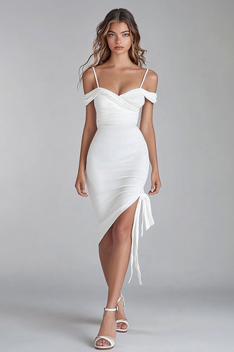 White Satin Cold Shoulder Asymmetrical Graduation Dress Dress