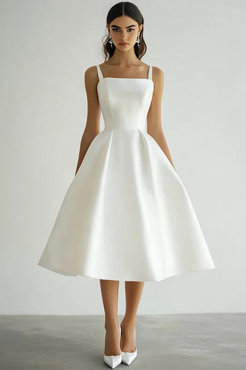 White Satin Square Midi A Line Engagement Dress