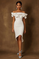 Load image into Gallery viewer, White Satin Off The Shoulder High-Low Engagement Dress with Ruffles