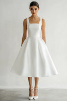 Load image into Gallery viewer, White Satin Midi Square A Line Engagement Dress