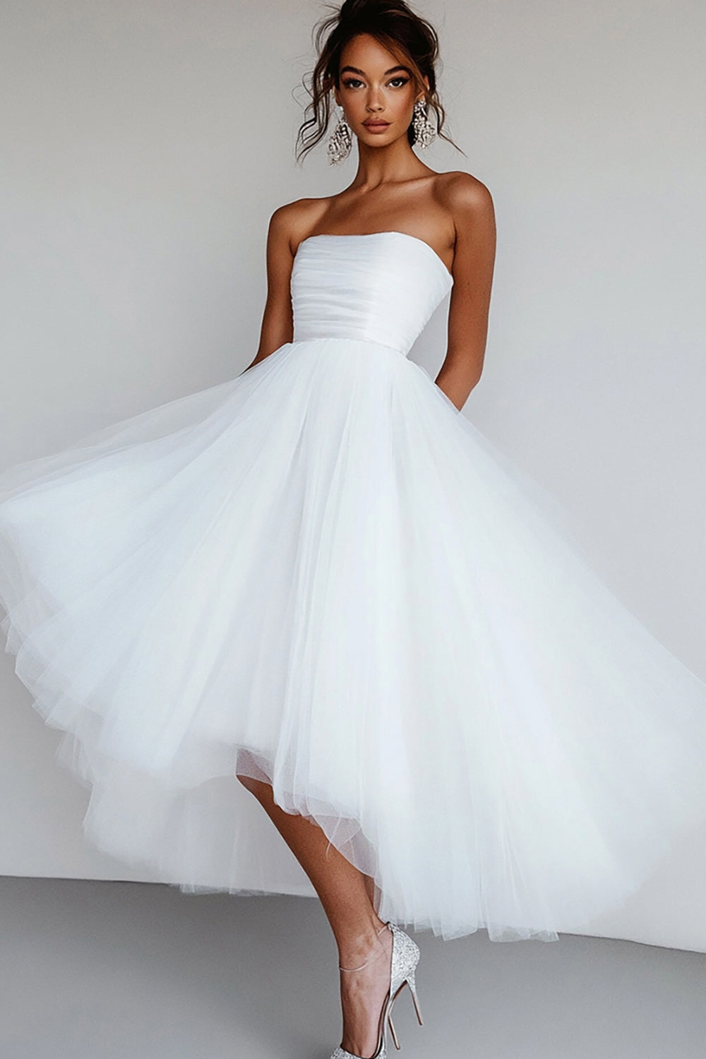 White Tulle Strapless High-Low A Line Engagement Dress