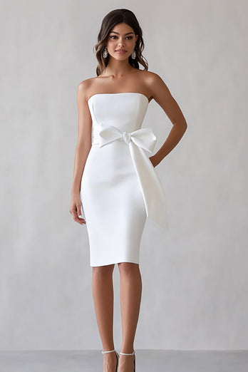 White Satin Strapless Midi Bodycon Engagement Dress