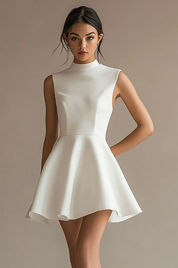 Queendancer Women White Satin Short Graduation Dress High Neck A Line Little White Dress queendancer Queendancer Women White Satin Short Graduation Dress High Neck A Line Little White Dress queendancer