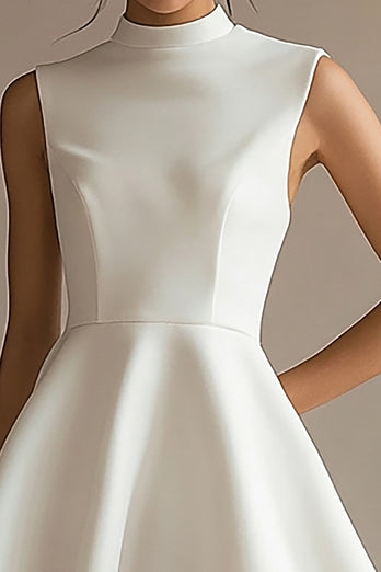 White Satin High Neck Short A Line Graduation Dress