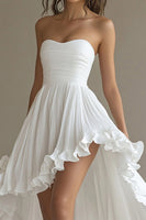 Load image into Gallery viewer, White Chiffon Strapless High-Low Engagement Dress with Ruffles