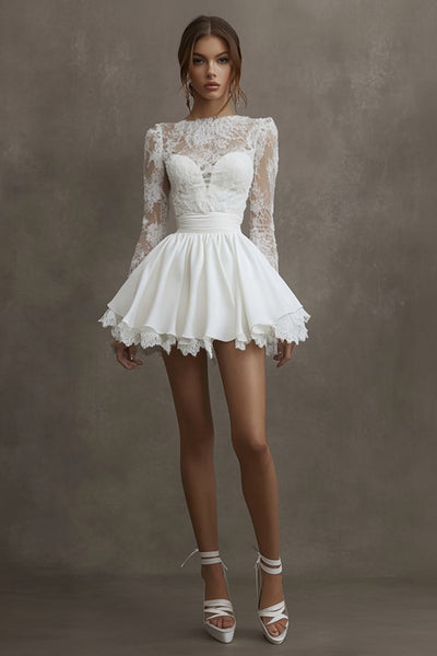 Queendancer Women White Satin Short Bridal Shower Dress with Lace A Line Bateau Long Sleeves Little White Dress