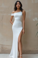 Load image into Gallery viewer, White Satin Asymmetrical Long Mermaid Engagement Dress