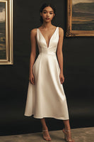 Load image into Gallery viewer, White Satin V-Neck Midi A Line Engagement Dress