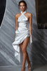 Load image into Gallery viewer, White Satin Halter Asymmetrical Bodycon Graduation Dress